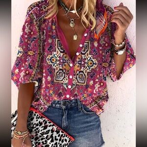 Boho western vintage floral print button down blouse